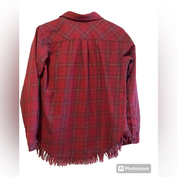 Current/Elliot Maroon Gold metallic fringe flannel long sleeve button top small - Picture 2 of 6